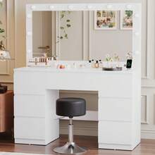 Devoko Dressing Table In Matte White With LED Cosmetic Mirror, Vanity Table Without Stool With 12 LED Lamps, Power Outlets, USB & Type-C, Jewelry Storage And 7 Drawers - 白色+深灰色凳子 - 查看 2
