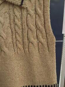 1pc Vintage Style Cable Knit Contrast Color Vest, New Layering Piece, Youthful Lapel Sleeveless Sweater - Camel - View 5