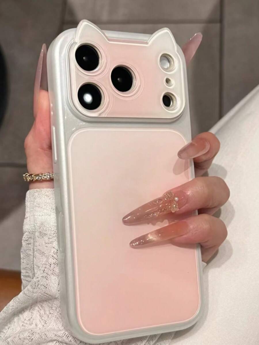 Tie Dye Gradient Cat Ear Phone Case Compatible With IPhone 17 Pro Max, New 16 Pro, 15, 14, 13, Large Window Design, Cute Creative Premium Korean Ins Style Protective Cover For Women - Pink - View 1