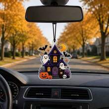1pc AUSI Acrylic Halloween Car Hanging Ornament, Black Cat House Pumpkin Ghost Witch Funny Spooky Pattern Pendant, Car Rearview Mirror Decoration Prop, Suitable For Sedan SUV MPV Interior Party Decor Accessory - Multicolor - View 5