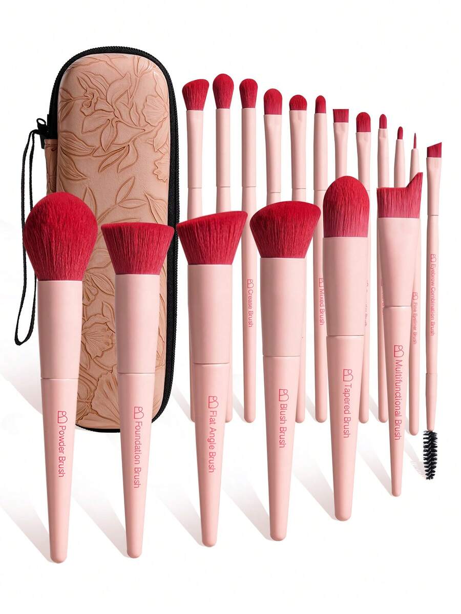BS-MALL 18pcs Rose Red Makeup Brush Set, High Quality Soft Bristles, No Shedding, Precise Application, Full Face Set With Foundation, Eyeshadow And Blush Brushes, Perfect Gift For Girlfriend - Rose Red - View 1