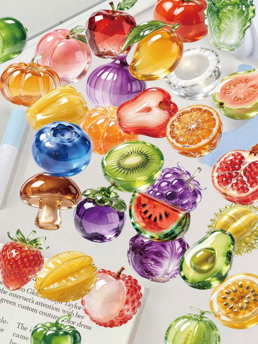 50pcs Glass Fruit & Vegetable Stickers For Decorating Planner, Diary, Scrapbook, Luggage, Guitar, Skateboard, Manual, Notebook, Tablet, Water Bottle, Phone - Glass Fruit and Vegetables - View 1