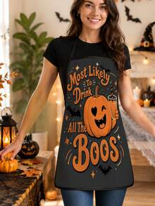 1pc Halloween Pumpkin Ghost Apron, American Cartoon Funny Slogan Print, Polyester Material, 55*68cm, Home Use Cocktail Baking Anti-Stain Apron, Halloween Party Kitchen Gift Workwear - Multicolor - View 3