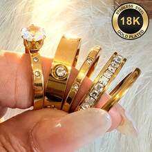 5pcs 18K Gold Plated Delicate Luxury Shiny Ring Set, Stainless Steel And Copper Jewelry Set, Multiple Sizes Available To Solve Your Size Anxiety, Waterproof, Wear-Resistant, Hypoallergenic, Suitable For Women's Daily Wear, Party, Gift, Vacation, Fashion Jewelry - Gold 5-piece Set - View 2