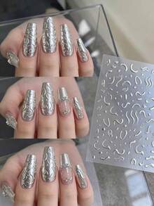 1PC Embossed Metal Silver Line Decorative Sticker, Abstract Curved Lines And Dots Geometric Pattern, 3D Embossed Metal Silver Texture, Rich And Varied Line Forms, Thin Transparent Base Sticker, Suitable For Various Surface DIY Decoration, Cool Tone High-End Atmosphere Decorative Sticker, Size 7*8cm - Multicolor - View 4