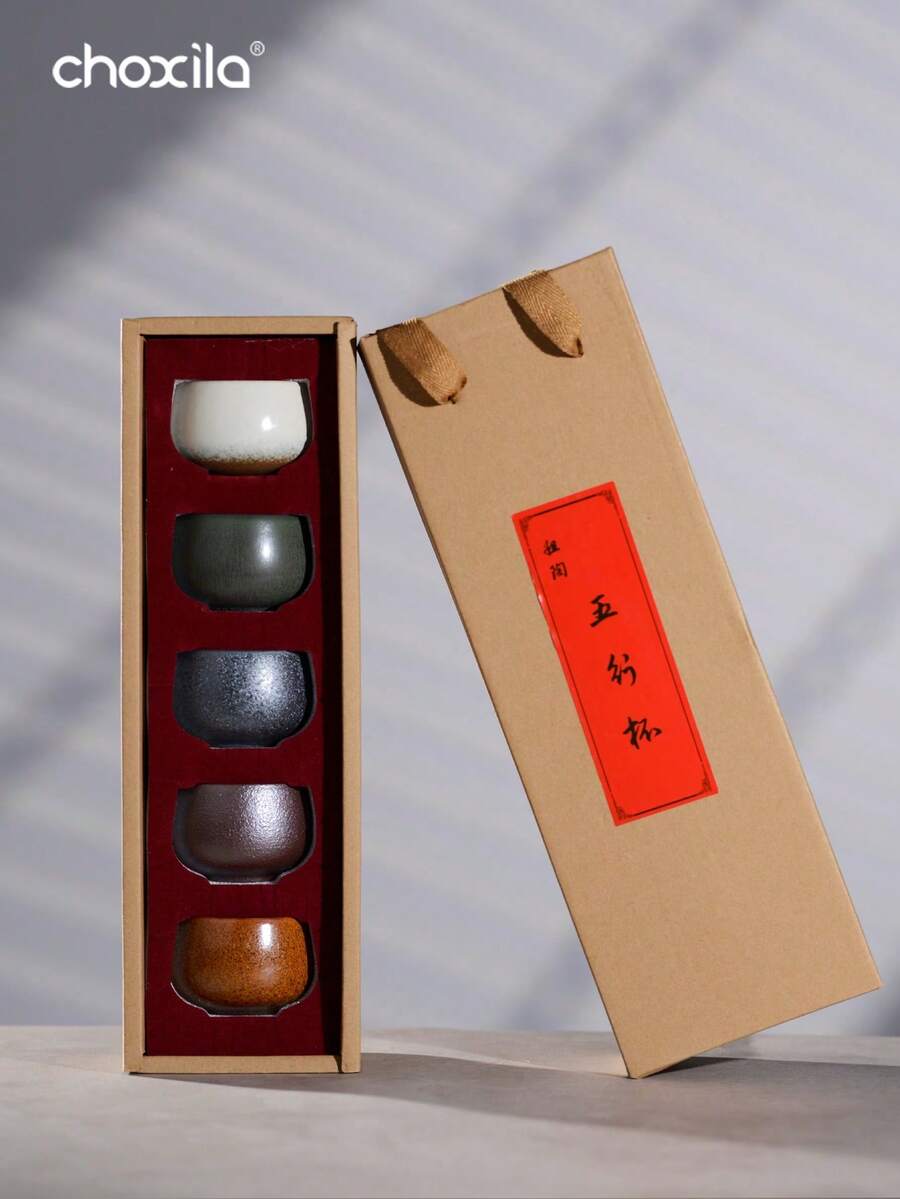 choxila 1 Set/5 Buah Cangkir Teh Cangkir Kopi Set Teh Kung Fu Lima Warna Mangkuk Teh Kecil Keramik Kasar Set Kotak Hadiah - Piala Lima Elemen - View 1