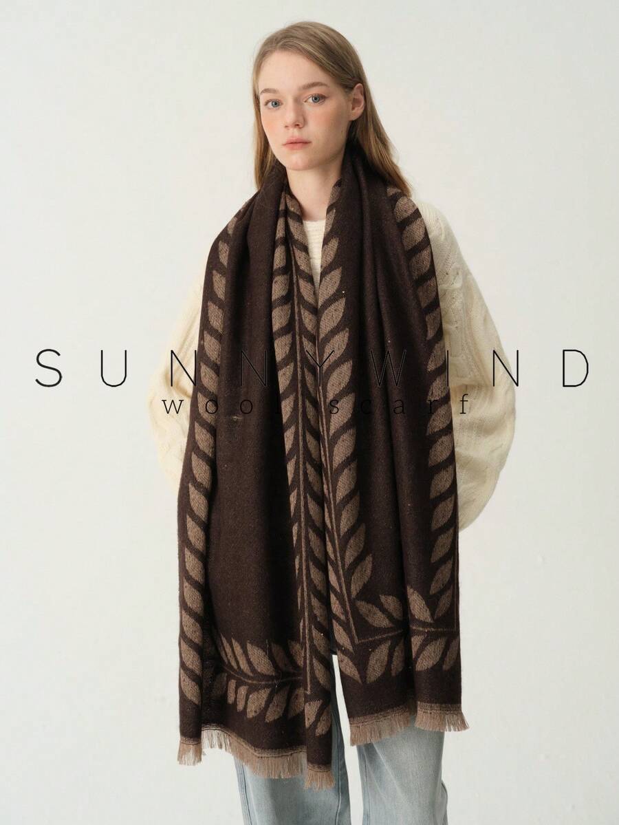 1pc Women's Leaf Pattern Gold Thread Elegant Elegant Lady Wool Jacquard Scarf For Autumn/Winter Daily Wear - Brown - View 1