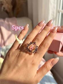 1/3/5pcs Custom Photo Face Ring, Personalized Bat Spider Web Acrylic Finger Rings,Customized Face Rings, Halloween Gothic Rings,Party Decorations - Multicolor - View 15