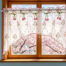1pc French Romantic Floral Embroidered Arch Window Curtain, Pink Tulip Decorative Beaded Short Curtain, Rod Pocket Short Sheer Curtain, Pastoral Translucent Kitchen Bay Window Decorative Small Curtain - Baby Pink - View 4
