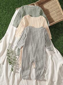 3pcs/Set Baby Boy Autumn/Winter Warm Fleece Solid Color Long Sleeve Snap Button Open Crotch Rompers - Multicolor - View 2