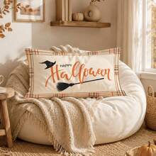 1pc Autumn Halloween Magic Broom Witch Hat Text Illustration Cushion Cover, Single-Sided Printed Peach Skin Velvet Material, 30*50/40*60CM Pillowcase Suitable For Modern Minimalist Sofa Living Room Decor, Party Decoration, Gift Giving - Multicolor - View 8