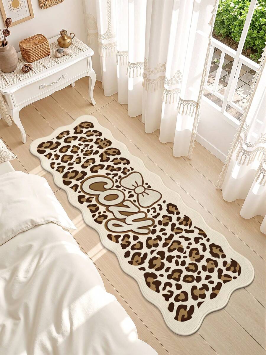 DAJIANG 1pc Leopard Print Bow Oval Long Rug, Suitable For Bathroom, Kitchen, Outdoor, Hallway, Bedroom, Living Room, Machine Washable, Easy To Clean Entryway Mat, Non-Slip Bedroom Decor Rug Accessory