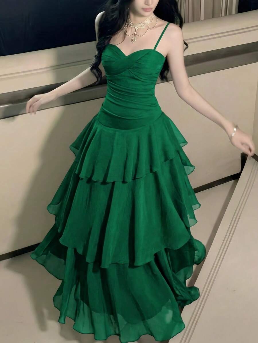 Elegant Asymmetrical Ruffle Cami Dress For Women, Minimalist Spaghetti Straps, Suitable For Party, Ball, Evening Event, Wedding, Homecoming, Etc., Perfect For Summer And Spring Wear