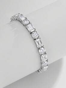 Besthing 1pc S925 Sterling Silver 19.8CT Moissanite Tennis Bracelet, Rectangular And Round Diamonds Alternating, Chic Luxury Style, Evening Party Anniversary Gift Jewelry - Silver - View 3