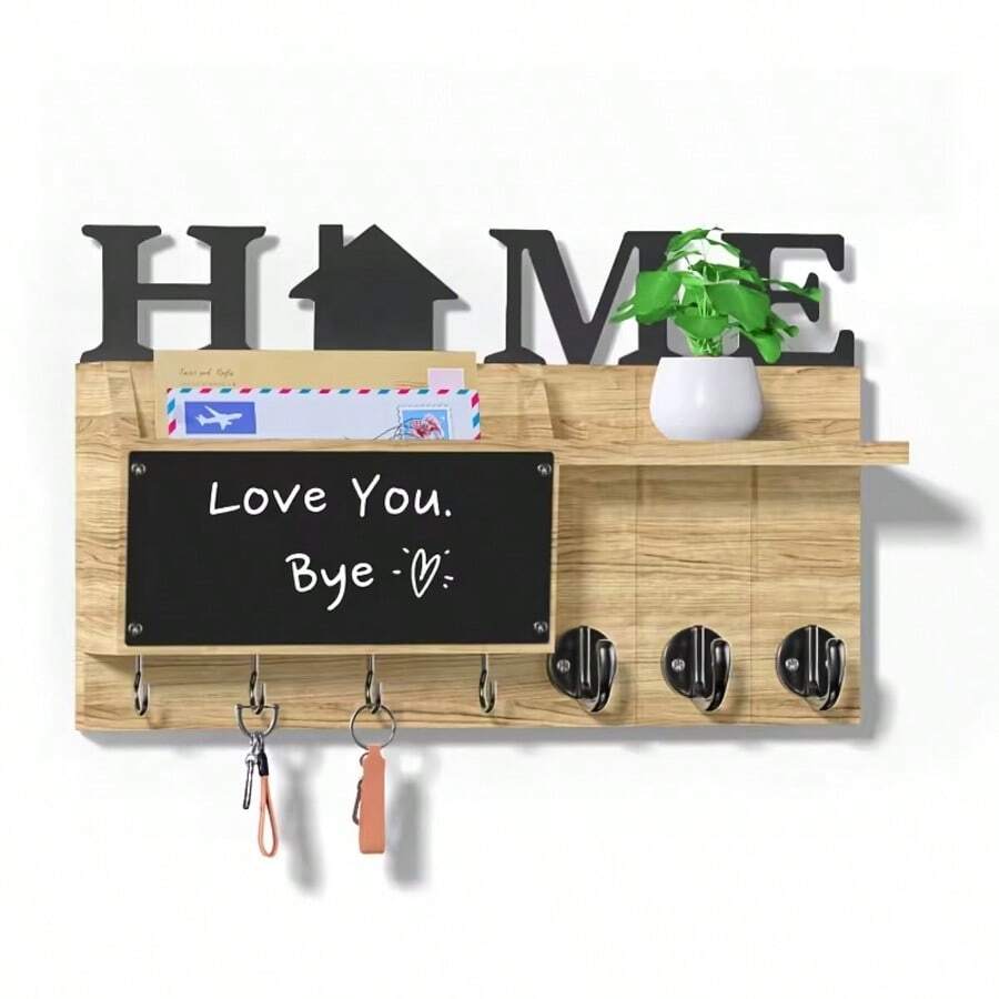 Wall Key Holder - With Recording Blackboard And 7 Hooks, Mail Organizer Wall Mount Rack With Shelf - Hanging Key Rack With Decor Home Decoration, Dog Leash Key Hook, Living Room Bedroom Storage Organizer - Maple - View 1