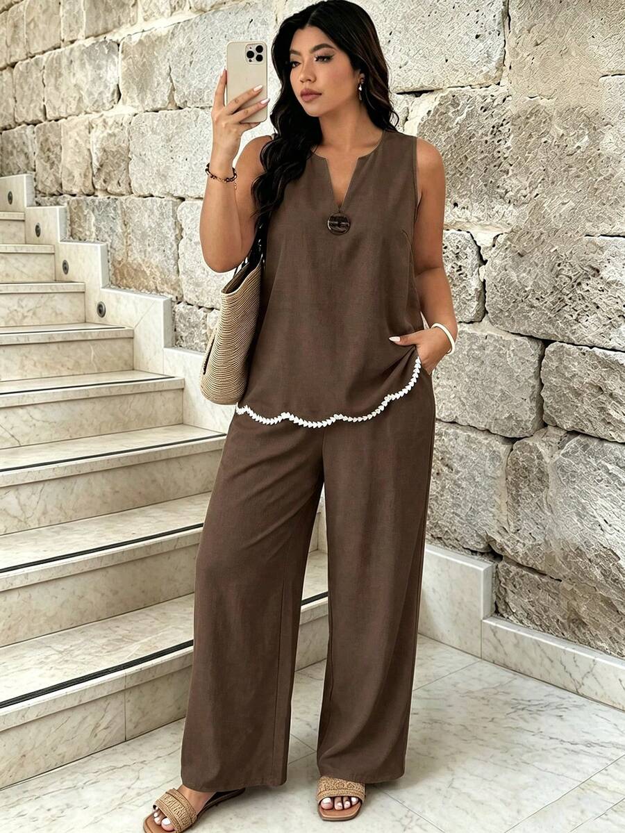 Plus Size Contrast Trim Camisole & Pants 2 Pieces Set, Casual Vacation Daily Wear For Women Elegant Summer - Coffee Brown - View 1