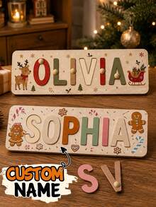 Custom Wooden Christmas Name Puzzle, Personalized Letter Decor Puzzle, Suitable For Mantel, Shelf Or Door, Holiday Home Decor, Custom Christmas Name Board Gift, Customizable Letter Decor, Christmas Gift, Gift For Family And Friends, Room Decor - Multicolor - View 2