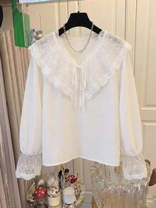 Women's Lace Patchwork Long Sleeve Blouse White - White - View 4
