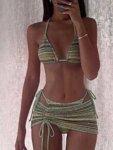 Bikinx Women's Summer Beach Wavy Pattern Halter Tie Sexy Bikini Set With Cover Up Skirt Vacation, Matching Set - Multicolor - View 11