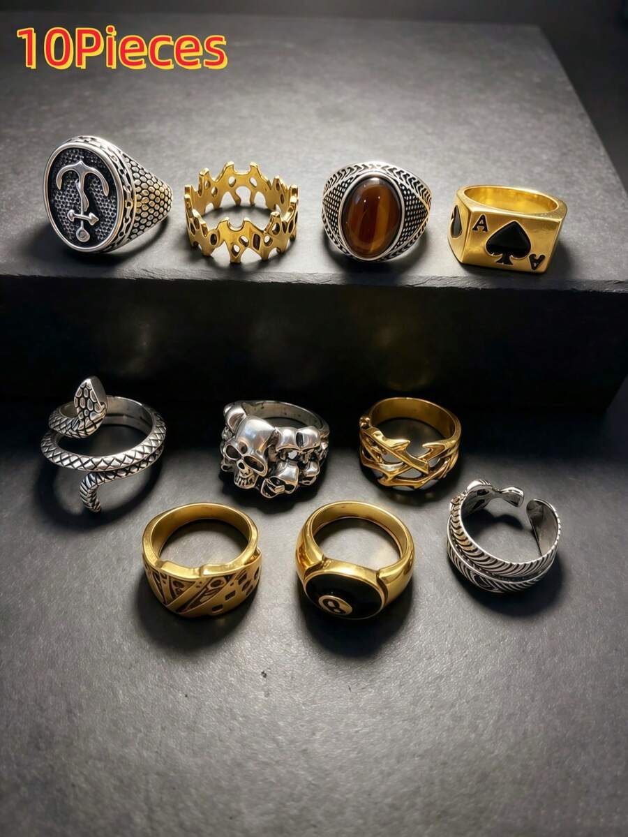 10pcs/Set Unisex Vintage Punk Gothic Skull Snake Poker Leaf Ring Set, Personalized Hip-Hop Style Geometric Party Gift Daily Jewelry Accessories - 10-piece Mixed Punk Ring Set - View 1