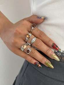 11/6/5pcs Vintage Old Money Style Pleated Texture Faux Gemstone Ring Set, Suitable For Women's Daily Wear - Silver - View 9