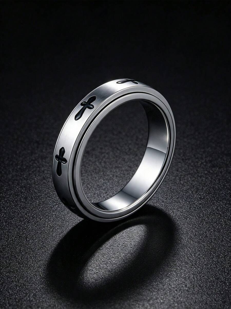 1PC 4mm Fashion Cross Spinnable Stainless Steel Unisex Ring, Premium Exquisite Jewelry, Unique Accessories, Ideal Gift For Birthday Anniversary - Silver - View 1