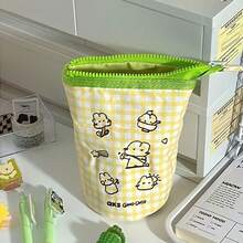 1pc Cream Yellow Plaid 3D Heavy-Duty Pencil Case, Fresh Embroidered Cartoon Animal Pattern, Contrast Fluorescent Green Zipper Design, Fluffy Padded Fabric, Vertical Cup-Shaped Structure, Expanded Storage For Various Writing Tools. Korean-Style Gentle Healing Art Style, Suitable For Students' Daily Schoolwork, Also Can Store Makeup Accessories, Neat And Sturdy Stitching, Compact And Portable, Desk Atmosphere Essential, Perfect For Personal Use Or Gifting To Classmates. - Multicolor - View 5