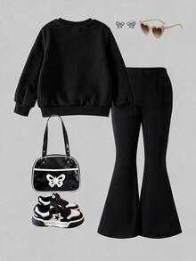 2pcs Young Girls Sweet & Cool Cute Beaded Sequin Bow Long Sleeve Sweatshirt With Solid Color Flared Pants Set, Spring/Autumn - Black - View 2