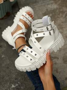 Punk Rivet Thick Sole Roman Sandals For Women, Multi-Strap Double Buckle High-Top Gear Sole Open Toe Platform Wedge Sandals, Peep Toe Thick Sole Height-Increasing Casual Versatile Women's Shoes - White - View 2
