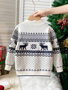 Boys' Preppy Polka Dot & Deer Knit Cardigan Sweater, Small Stand Collar, Long Sleeve, Suitable For School Daily Wear, Spring, Autumn, Winter - Apricot - View 2
