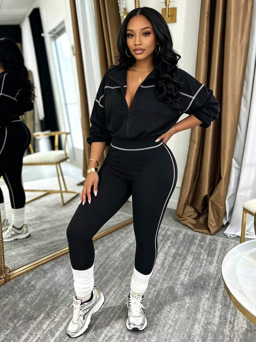 Fall Women's Casual Sports Set: Two Pieces Set With A Collared, Long-Sleeved, Zippered Top And Elastic-Waist Leggings - Black - View 1