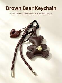 Vintage Faux Leather Bear Bag Charm Keychain, Cute Heart Pendant Braided Rope Handbag Accessory, Y2K Retro Aesthetic Backpack Charms For Women Girls - Multicolor - View 7