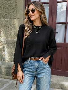 CILKOO Women's Casual Crew Neck Pullover Sweater With Slit Cuffs - Black - View 1