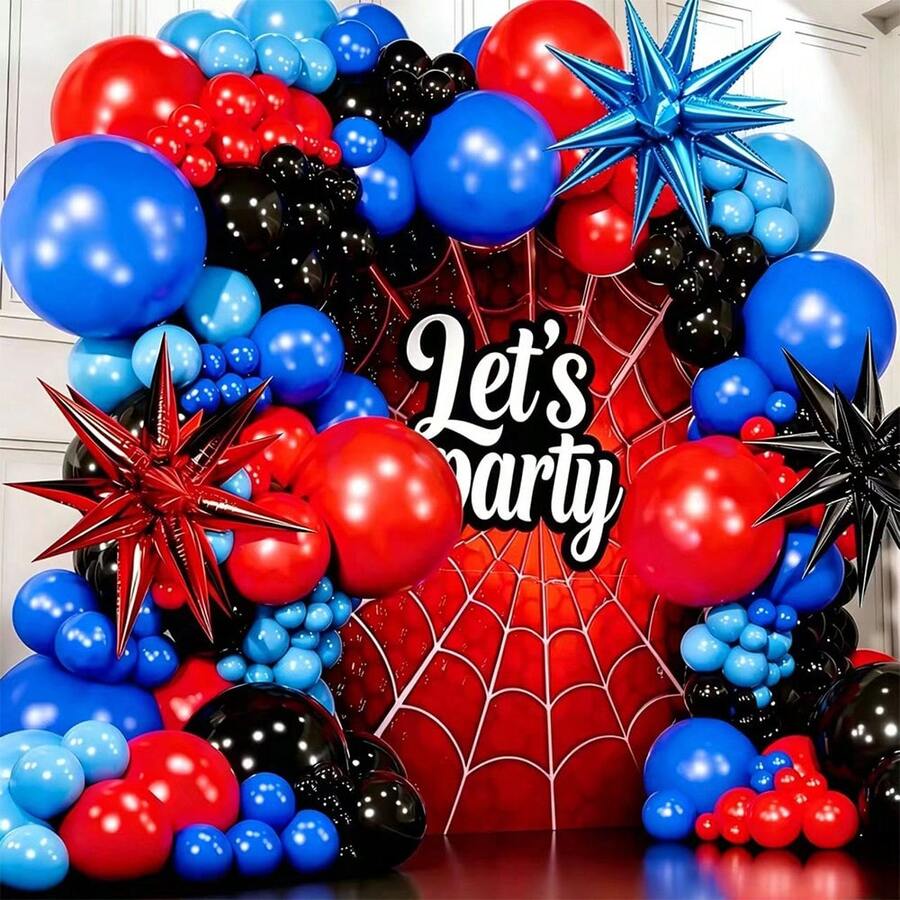 Spinnen-Ballonbogen-Set, enthält Stern-Folienballons und rote, blaue und schwarze Latexballons in verschiedenen Größen, geeignet als Dekorationszubehör für 3., 4. und 5. Geburtstagsthemen - Spinnen-Thema - Übersicht 1