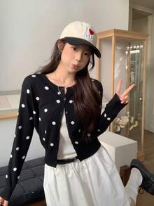 Japanese Style Polka Dot Black Knit Cardigan, Autumn/Winter - Black - View 7