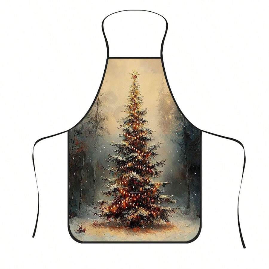 1pc Christmas Forest Snowy Scene Glowing Christmas Tree Print Apron, Featuring Snow-Covered Christmas Tree With Warm Light Decorations, Durable Cooking Apron Suitable For Bakers, Cake Decorators, BBQ Enthusiasts, Gardeners, Painters, Nail Artists - Perfect Gift For Home And Professional Chefs - Multicolor - View 1