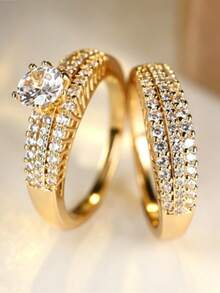 2pcs/Set Fashion Stackable Rings, Minimalist Luxury Cubic Zirconia Couple Rings, Versatile For Engagement, Wedding, Party And Daily Wear - Perfect Birthday, Anniversary Or Jewellery,Accessories - Gold - View 3
