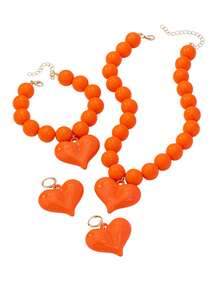 4pcs Fashion Red Beaded Heart Bracelet, Earrings, Necklace Set, Suitable For Women's Daily, Vacation, Beach, Party Wear, Gift - Orange - View 6