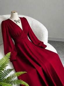 Fashion Long Sleeve Deep V-Neck Long Woven Fabric Dress, Elegant A-Line Flared Hem Party Or Formal Gown - Burgundy - View 2