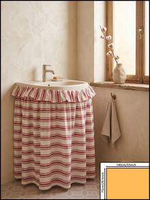 1/2pcs Beige With Red Horizontal Stripes Fabric Wash Basin Skirt, Warm Pastoral Style, Round Top With Ruffle Edge And Gathered Hem Detail, Covers Wash Basin Pipes And Decorative Beautification Function, Suitable For Warm Tone Bathroom And Cozy Home Decor Scenes - Red - View 9