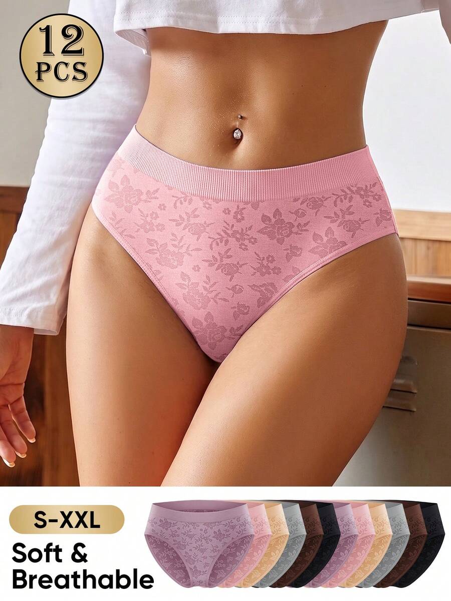MEIYATING 12pcs Women's Mid-Low Waist Seamless Panties, Fashion Floral Print & Solid Color, Comfortable Breathable Fitted Triangle Underwear