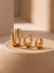 BIFEIER 3pcs/Set 18K Gold Plated Women's Earrings Set, Smooth Square Thick Hoop + Textured Round Hoop + Smooth Small Round Hoop Ear Cuff, Hypoallergenic Niche High-End Party & Commute Ear Jewelry - Gold - View 8