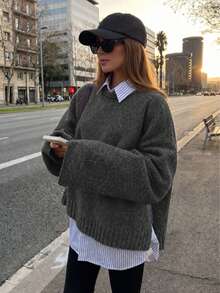 Senya Women's Autumn/Winter Solid Color Round Neck Long Sleeve Knitted Wool Sweater, Side Slit Design Sweater Top, Versatile Knit Pullover Fall - Dark Grey - View 1