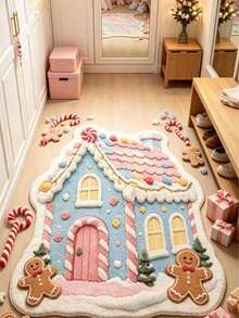 1 pieza Alfombra con forma de casa de hombre de jengibre rosa navideño, estilo lindo y curativo, Navidad, alfombra engrosada, alfombra gruesa, alfombra esponjosa, alfombra de otoño/invierno, alfombra engrosada, alfombra decorativa, decoración de dormitorio, alfombra pequeña, alfombra - Multicolor - Ver 3