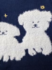 Girls Sweet Cute Puppy Pattern Plush Jacquard Round Neck Long Sleeve Pullover Sweater Knit Top Casual Versatile Suitable For Daily Wear School Spring Autumn Winter - Navy Blue - View 4