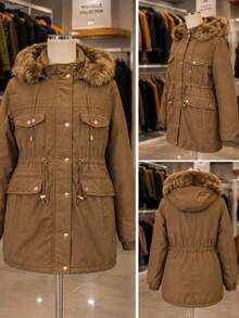 Casaco Parka de Sarja Plus Size Pelúcia Com Capuz Removível E ajuste Na Cintura E Bolsos  Casual    Jeans    Botão  Zíper    casaco feminina  Noite  Diário    inverno - Marrom Claro - Visão 4
