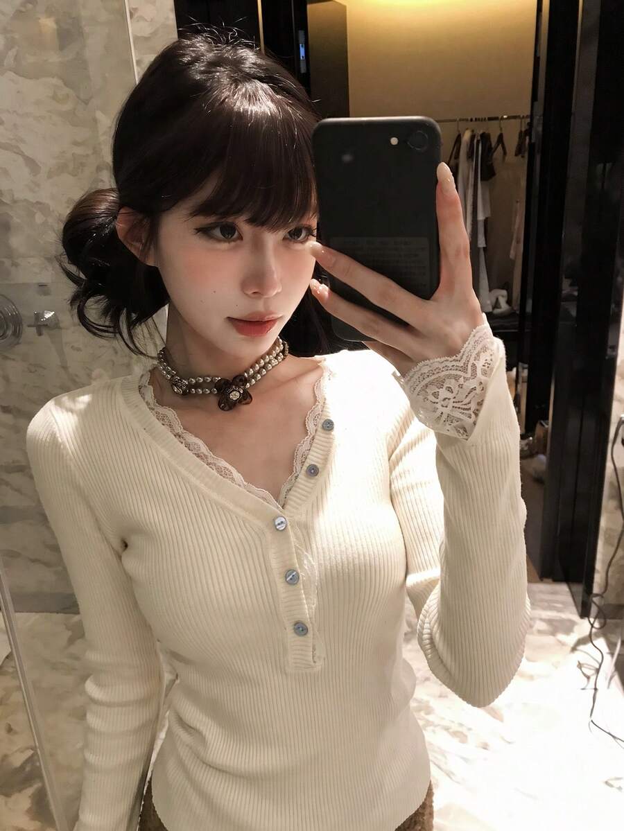 秋冬新款法式甜美風女款純色針織打底上衣修身毛衣 - 杏色 - 查看 1