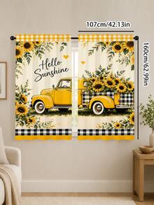 2pcs Beige American Country Style Printed Curtains, Vintage Yellow Pickup Truck Loaded With Sunflowers, Black White Yellow Plaid Trim, Hello Sunshine Heart Pattern, Pastoral Healing Living Room Bedroom Soft Light Semi-Sheer Curtains - Multicolor - View 14