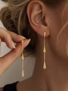 Women's Elegant Long Linear Dangle Earrings, Sparkling CZ Pave Pendant Earrings, Long Chain Earrings, Suitable For Wedding, Party, Date, Daily Wear, Gift - Gold - View 1