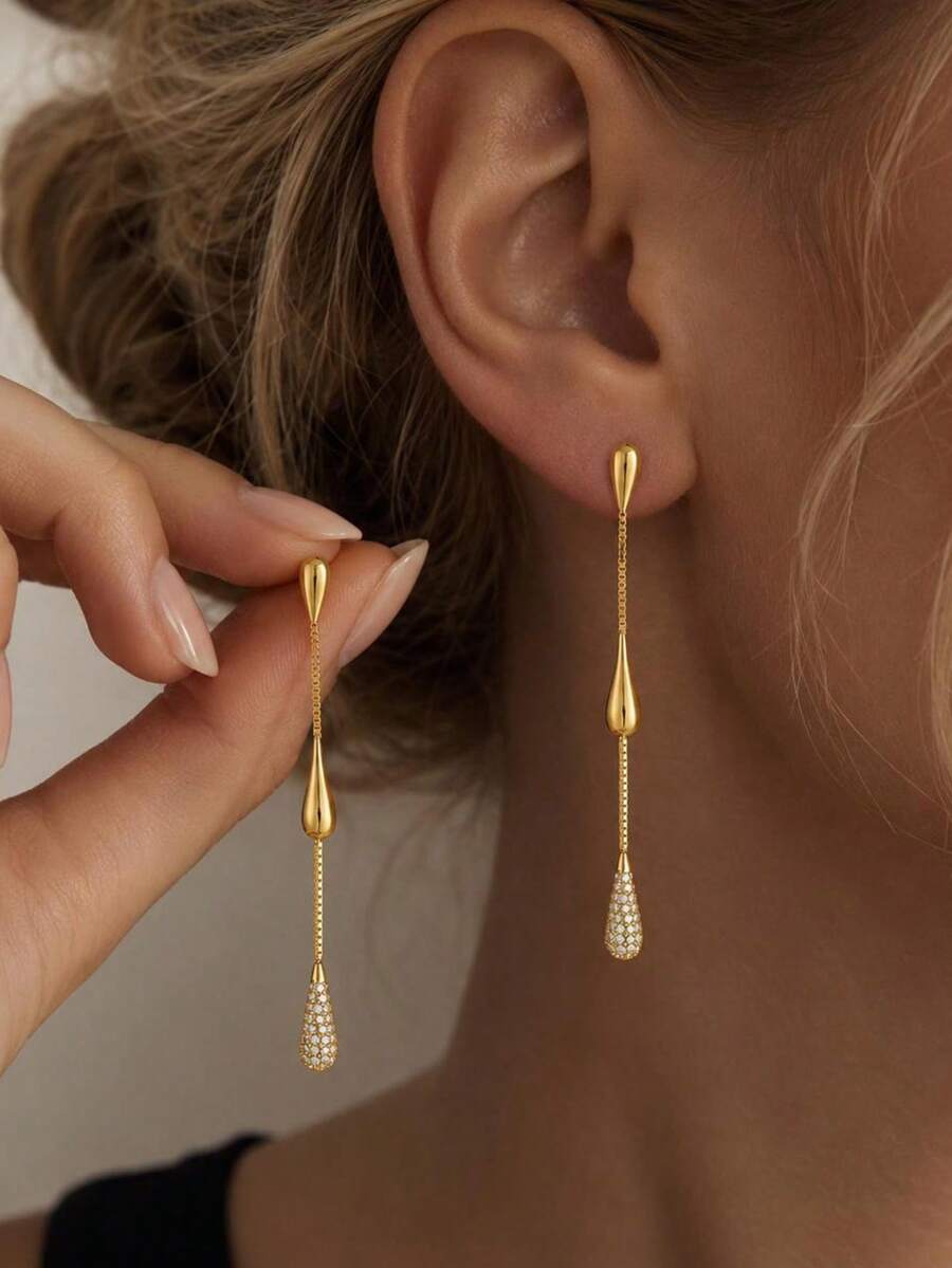 Women's Elegant Long Linear Dangle Earrings, Sparkling CZ Pave Pendant Earrings, Long Chain Earrings, Suitable For Wedding, Party, Date, Daily Wear, Gift - Gold - View 1